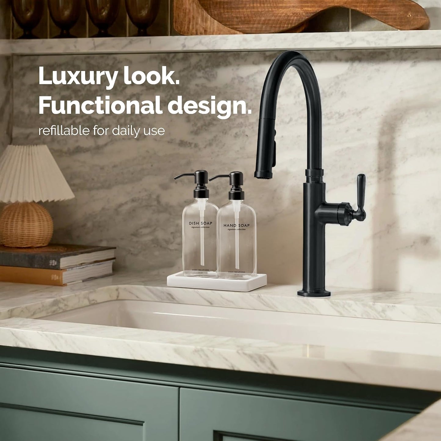 Vine Creations Glass Soap Dispenser Set, Kitchen Soap Dispenser Set with Ceramic Tray, 16 oz Dish Soap and Hand Soap Dispensers with Stainless Steel Pump Decor (Clear Bottle/Matte Black)