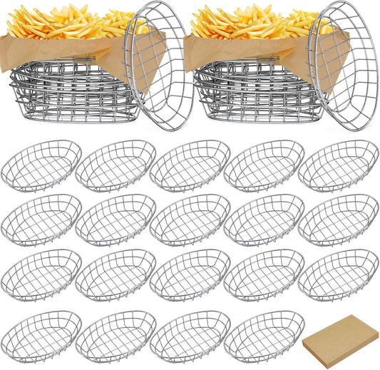 Hushee 24 Pcs Silver Wire Bread Basket 9.5 x 6.2 x 2.2 Inch Oval Metal Dinner Roll Baskets Storage with 100 Sheets Deli Wrappers Paper for Kitchen Table Fast Food