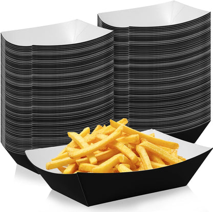 200 Pcs Paper Food Tray Sturdy Disposable Food Boats Nacho Plates Disposable Serving Snack Trays for Catering, Party Birthday Supplies, and Food Service (Black)