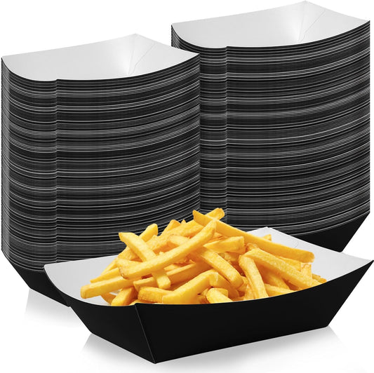 200 Pcs Paper Food Tray Sturdy Disposable Food Boats Nacho Plates Disposable Serving Snack Trays for Catering, Party Birthday Supplies, and Food Service (Black)