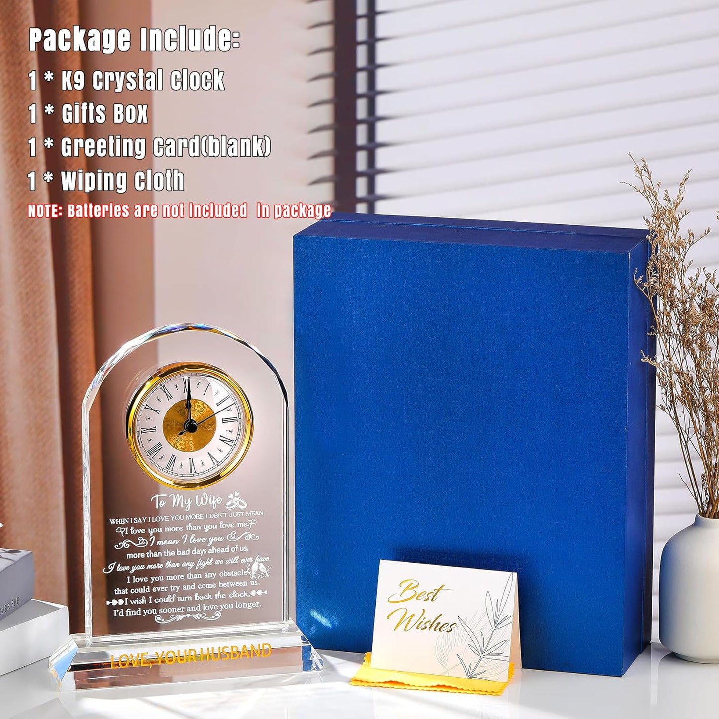 Gifts for Wife from Husband - Crystal Clock, Birthday, Wedding Anniversary Marriage Gifts Idea - to My Wife Clock Presents for Valentines Mother's Day (8.8'' Gift Boxed)