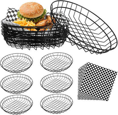 6 Pcs Large Round Metal Wire Bread Baskets 9.8x9.8x1.8 Inch Bread Serving Decorative Sandwich Container Christmas Party Fast Food Basket for Fruit Burger Kitchen Restaurant