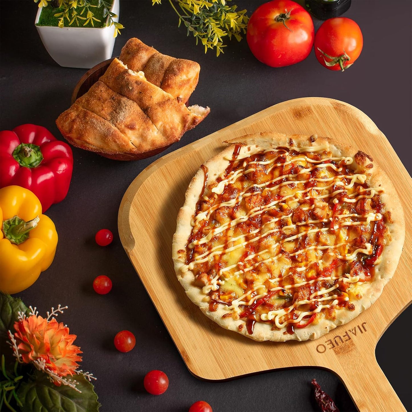 Pizza Peel 12 inch, Bamboo Pizza Paddle Spatula - Wooden Serving Board, Oven Accessory for Baking Homemade, Wood Cutting Board for Cheese Bread Fruit Vegetables