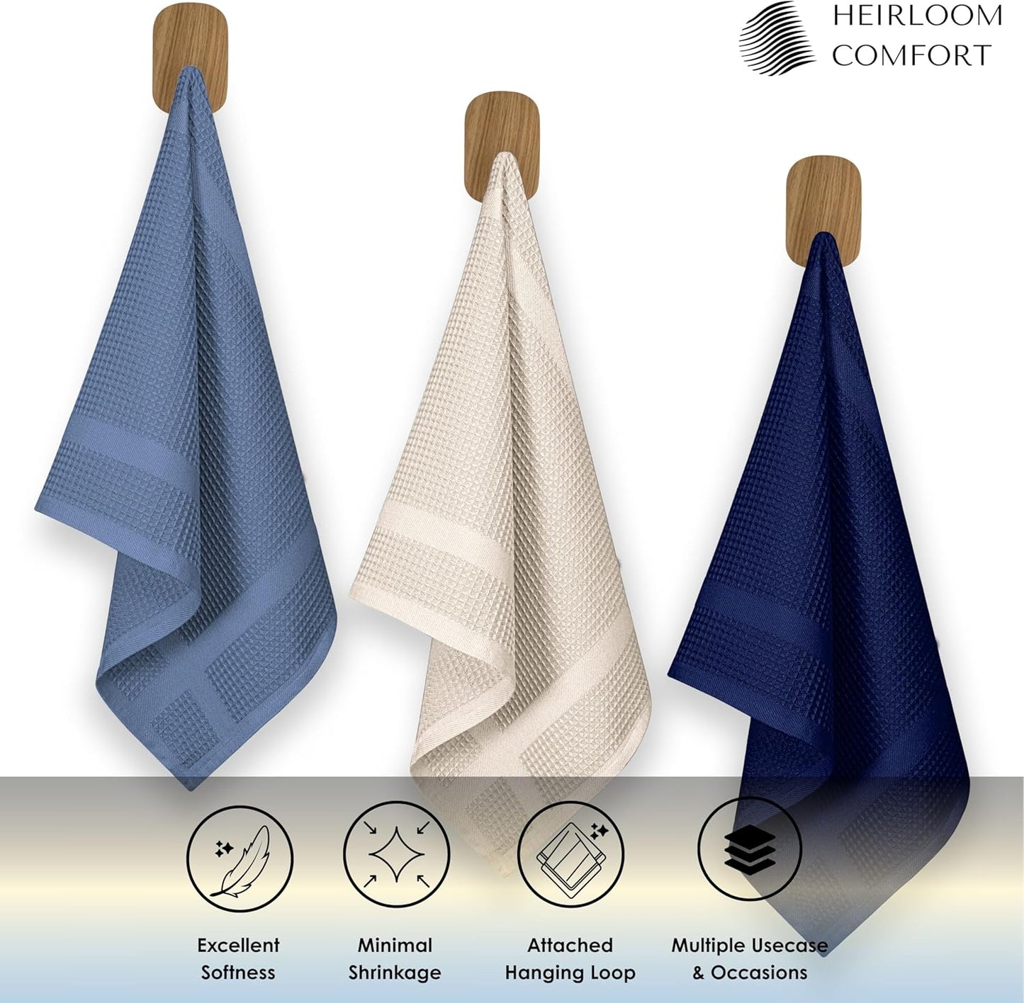 12 Pack Multi Color Waffle Weave Kitchen Towels, 16x26 Inch, 100% Cotton, Super Absorbent, Quick Dry, Hand Towels for Drying Dishes, Cleaning, Durable - Sky Blue, Ivory, Indigo Blue