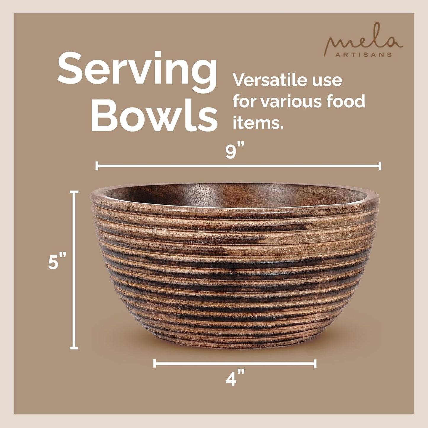 Mela Artisans Wooden Fruit Bowl | Dark Burnt Finish | 9” Decorative Mango Wood Serving Bowl | Multipurpose for Kitchen Countertop | Salad | Snacks | Fruit | Breads & More | Natural Grain Look