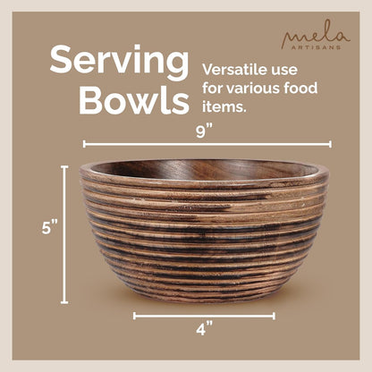 Mela Artisans Wooden Fruit Bowl | Dark Burnt Finish | 9” Decorative Mango Wood Serving Bowl | Multipurpose for Kitchen Countertop | Salad | Snacks | Fruit | Breads & More | Natural Grain Look