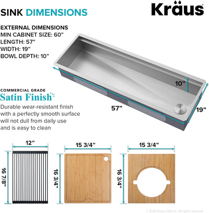 KRAUS Kore 57-inch Undermount Workstation 16 Gauge Single Bowl Stainless Steel Kitchen Sink with 10 Accessories, KWU210-57