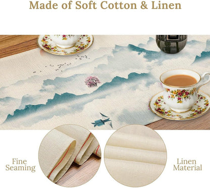 Asian Landscape Table Runner, Cherry Tree Chinoiserie Vintage Ink Wash Pink Blue Setting Sun Table Runner for Kitchen Home Party Dining Table Decor 13x120 Inch