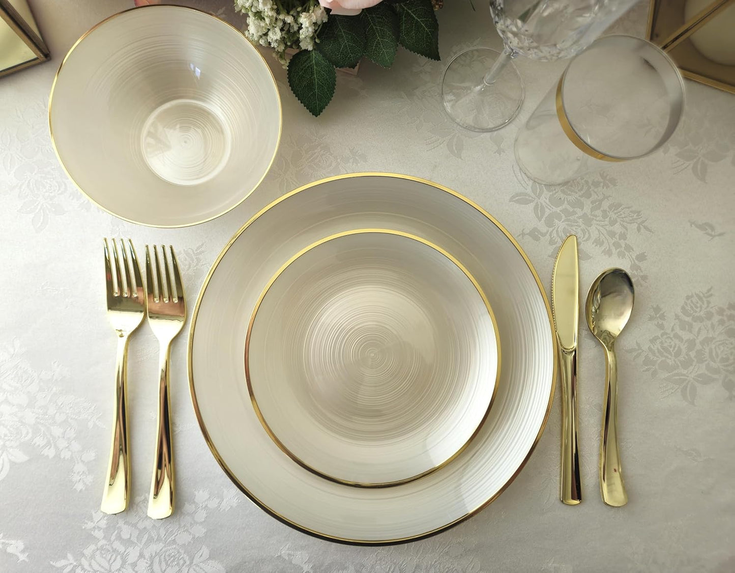 " OCCASIONS " 100 Plates Pack,(50 Guests) Premium Wedding Party Disposable Plastic Plates Set -50 x 10'' Dinner + 50 x 7'' Salad/Dessert (Belize in Ivory & Gold)