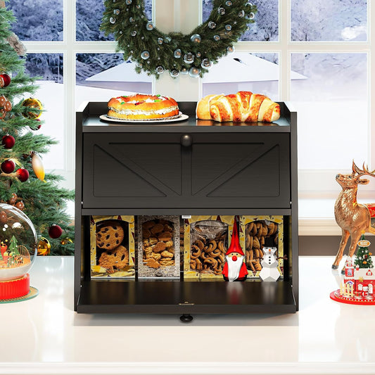 Vintage Double Layer Bread Box for Kitchen Counter Bamboo Bread Storage Container Large Capacity Bread Storage Bin (Black)