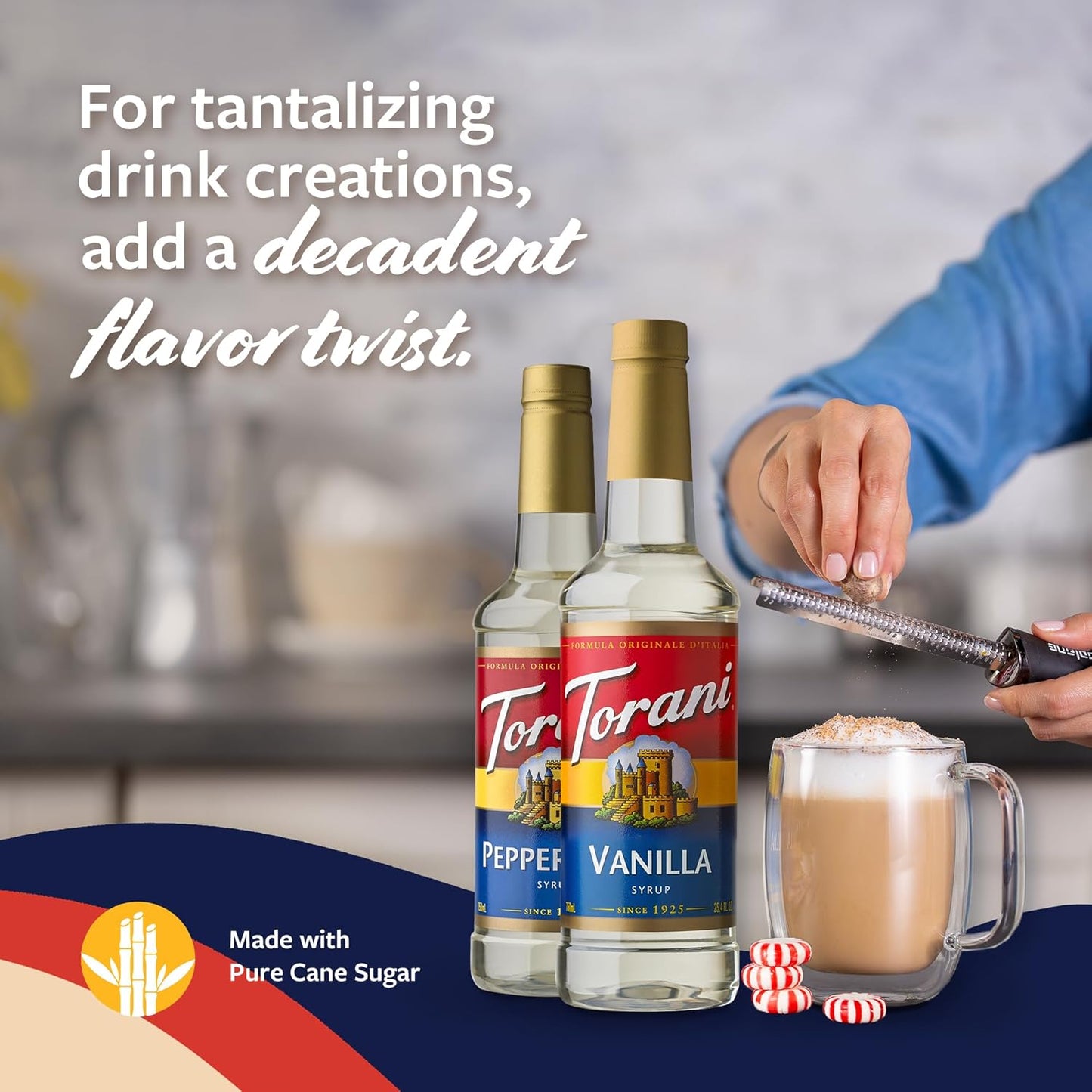 Torani Syrups, Peppermint and Vanilla Syrup Variety 2-Pack, Coffee Syrups for Drinks, Pumps Included, 25.4 Fl Oz Ea