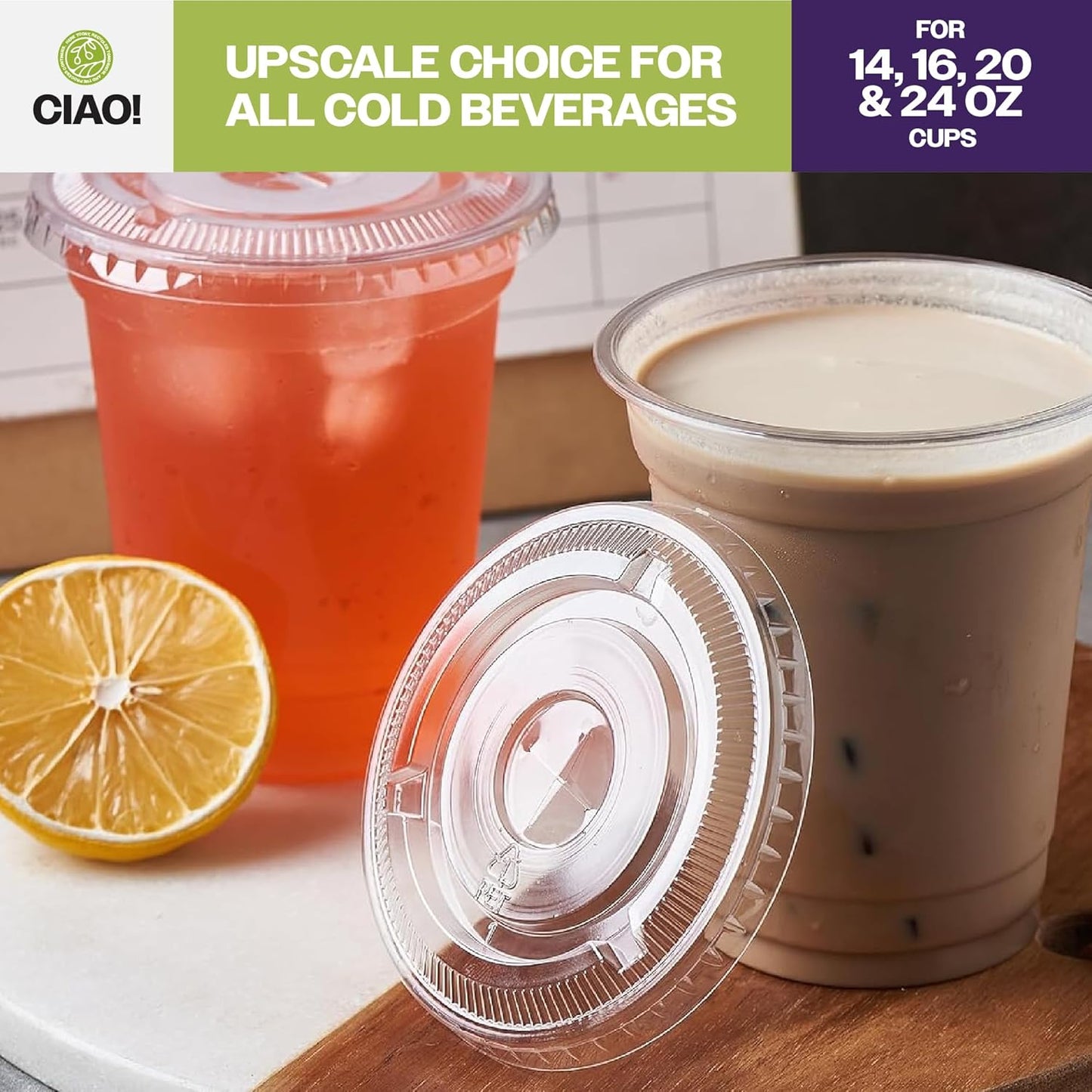 CIAO! PET Flat Lid with Straw Slot, Designed and Fit for 14OZ/16OZ/20OZ/24OZ PET Cold Drink Cups, 98mm (Case of 1,000)