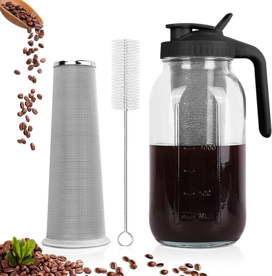 Cold Brew Coffee Maker,64 oz Mason Jar Pitcher with Stainless Steel Filter, Pour Spout Handle Lid, Heavy Duty Glass Airtight & Leak-Proof for Iced Coffee,Tea & Lemonade