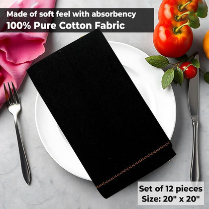 Urban Villa Cloth Napkins Set of 12 20"x20" 100% Cotton Hemstitch Napkins Cloth Washable Durable Reusable Absorbent Table Dinner Napkins Cloth for Hotel Lunch Restaurant Weddings Parties –Black Orange