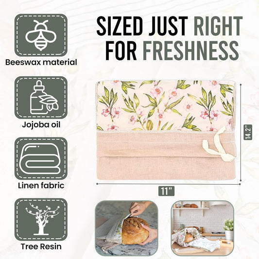 Ark & Aron Reusable Bread Bags - Pack of 2 Beeswax Bread Bags for Sourdough | Linen Bread Bag for Homemade Breads | Sourdough Loaf Bags | Cotton Food Storage Bag for Breads(Olive Leaf/Almond Branch)