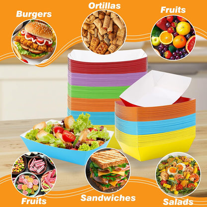 120 Pcs Colorful Paper Food Trays, 5 Lb Disposable Paper Boats, Disposable Nacho Trays Hot Dog Tray, Colored Kraft Food Serving Boats for Snack Hot Dog Nachos Sandwich Burger BBQ Taco, 6 Colors