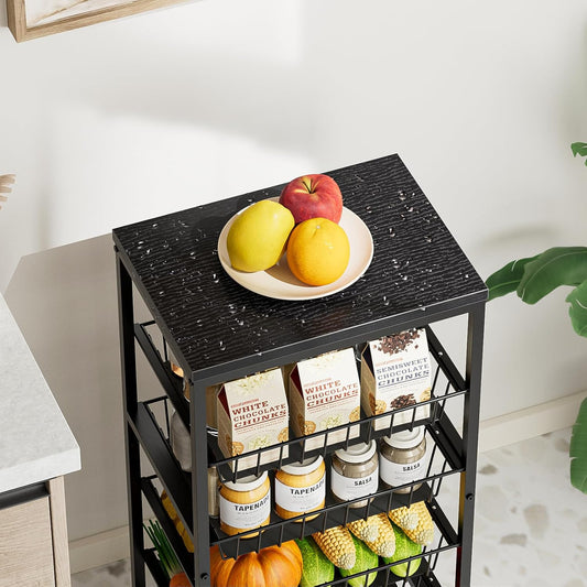 Snack Cart, 5-Tier Kitchen Carts on Wheels with Storage,Fruit Basket Stand with Pull-Out Baskets and Wood Top,Kitchen Organizer for Fruit Vegetable Snack (Black)