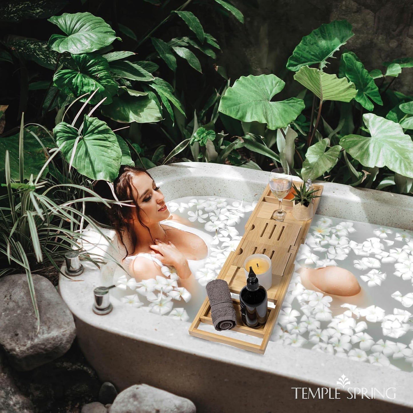 Temple Spring Foldable Bathtub Tray, Unique Design Selfcare Bathroom Caddy, Bamboo Spa Bathroom Tray, Wooden Bathtub Accessories, Wedding Gift/Birthday Gift/New Home Bath Table