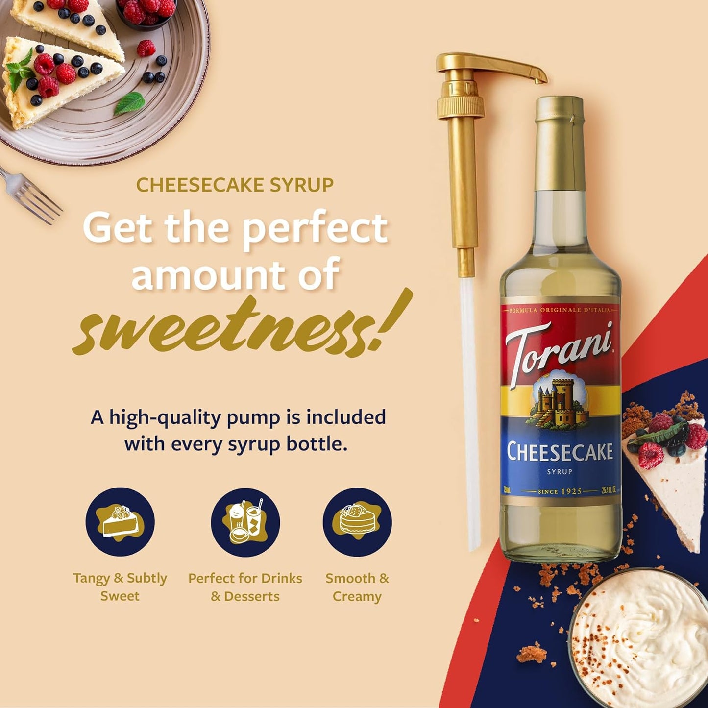 Torani Coffee Syrup, Cheesecake Flavored Syrup for Drinks, Pump Included, Glass Bottle 25.4 Fl Oz
