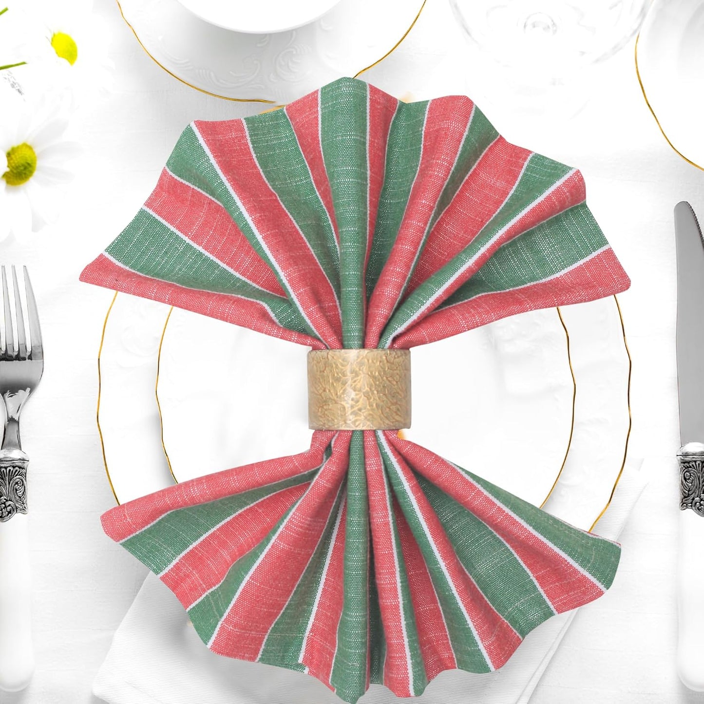 Urban Villa Christmas Cloth Napkin Xmas Stripes Dinner Napkins Set of 12 Red Green White 100% Cotton Reusable Washable Absorbent Soft Cloth Napkins 20”X20”Ideal for Everyday Use Christmas Parties