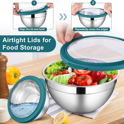 LIANYU 6 Packs Stainless Steel Mixing Bowls, Large 7, 3.5, 2.5, 2, 1.5, 1QT Size, Deep Metal Nesting Bowls Set for Baking Cooking Serving Prepping Food Storage, Include Visible Airtight Lid, Dark Blue