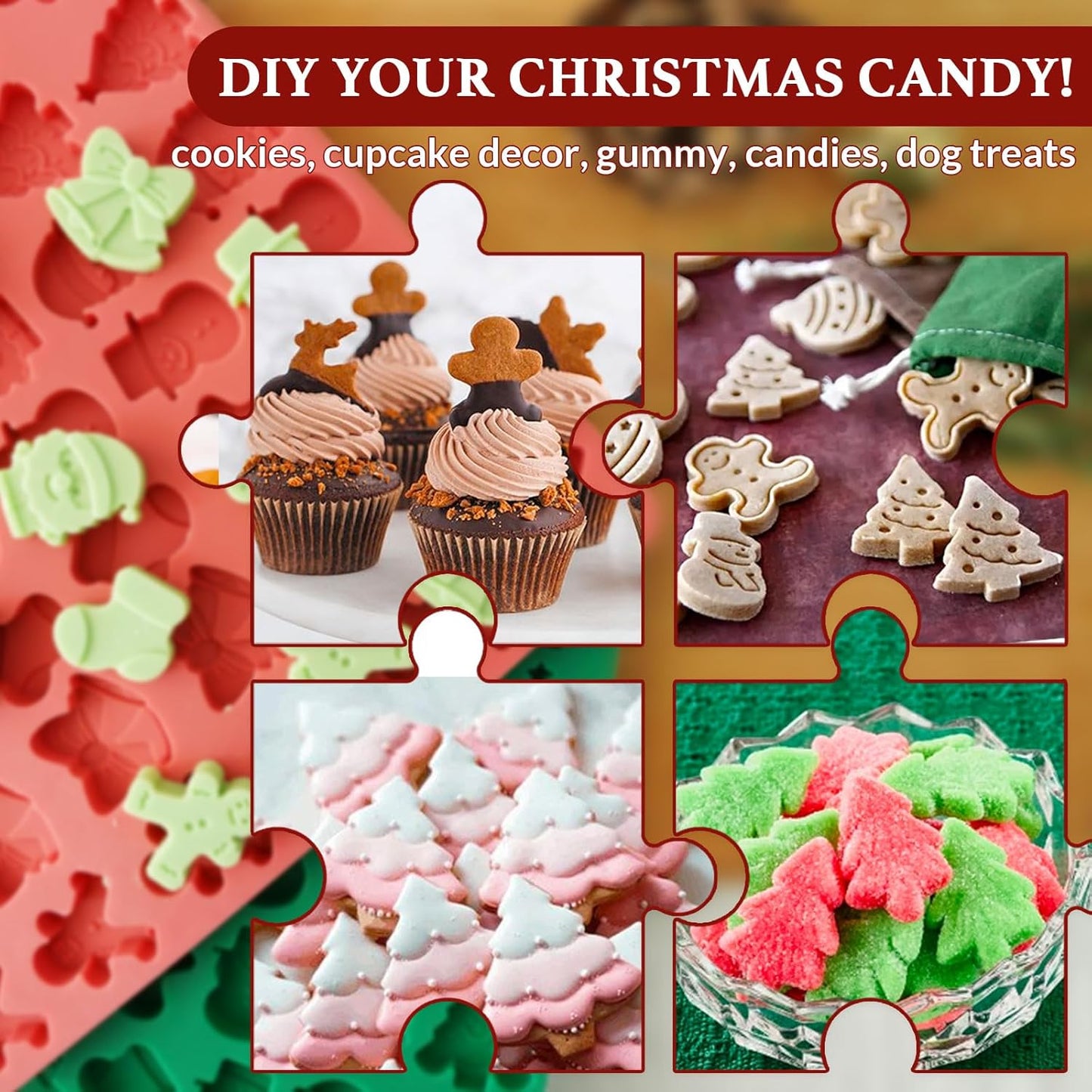 HKNMTT Mini Christmas Candy Molds, Silicone 72 Cavity Chocolate Mold, Tree Santa Snowman Stocking Bell Gingerbread Shape Gummy Making Set, Food Grade for Gifts Cookies Dog Treats