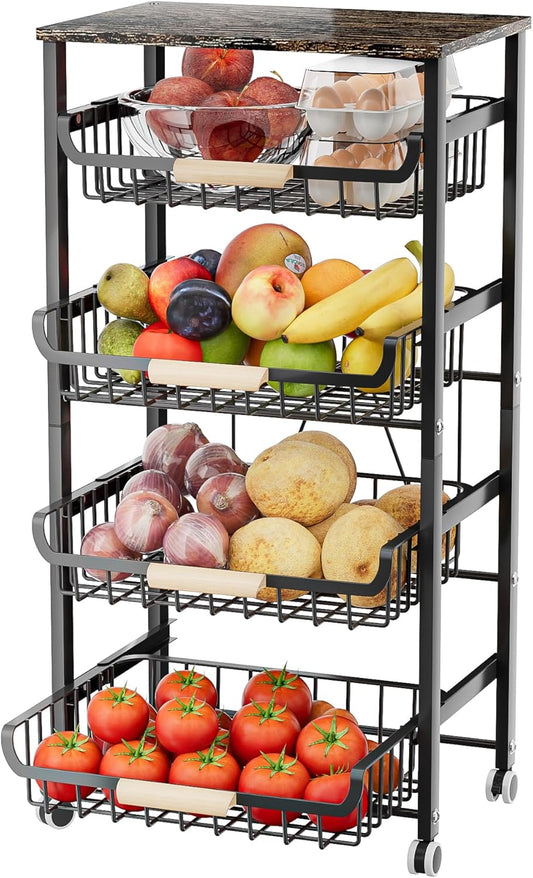 JAQ Fruit Basket for Kitchen, 5-Tier Slide Out Storage Baskets Carts Organizers Drawers with Wood Top Table with Rolling Wheels for Snacks Vegetables Vianderos para Cocina Modernos (Black, 5 Layer)