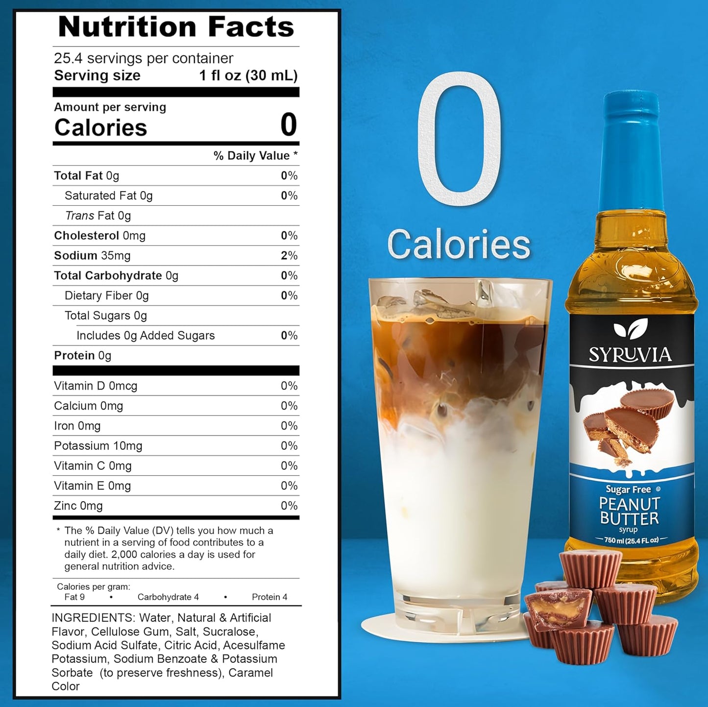 Syruvia Sugar Free Coffee Syrup, Peanut Butter Cup Flavored Syrup for Drinks, Lattes, and Desserts – 25.4 fl oz