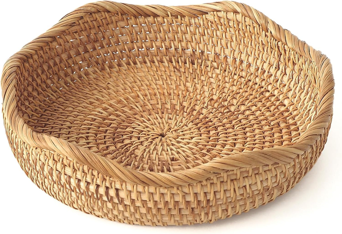 HITOMEN Handmade Rattan Bread Baskets Round Wicker Fruit Serving Storage Bowls, Natural Woven Decorative Kitchen Counter Organizing (Honey Brown) S-8.7"