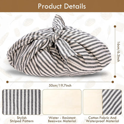 yeload 2 Pack Beeswax Bread Bags, Striped Linen Bento Bags, 14" Cotton Loaf Bag, Reusable Organic Food Storage, Sourdough Bag, Rustic Farmhouse Azuma Bukuro Origami Wrap for Baked Gifts (Black, 2)