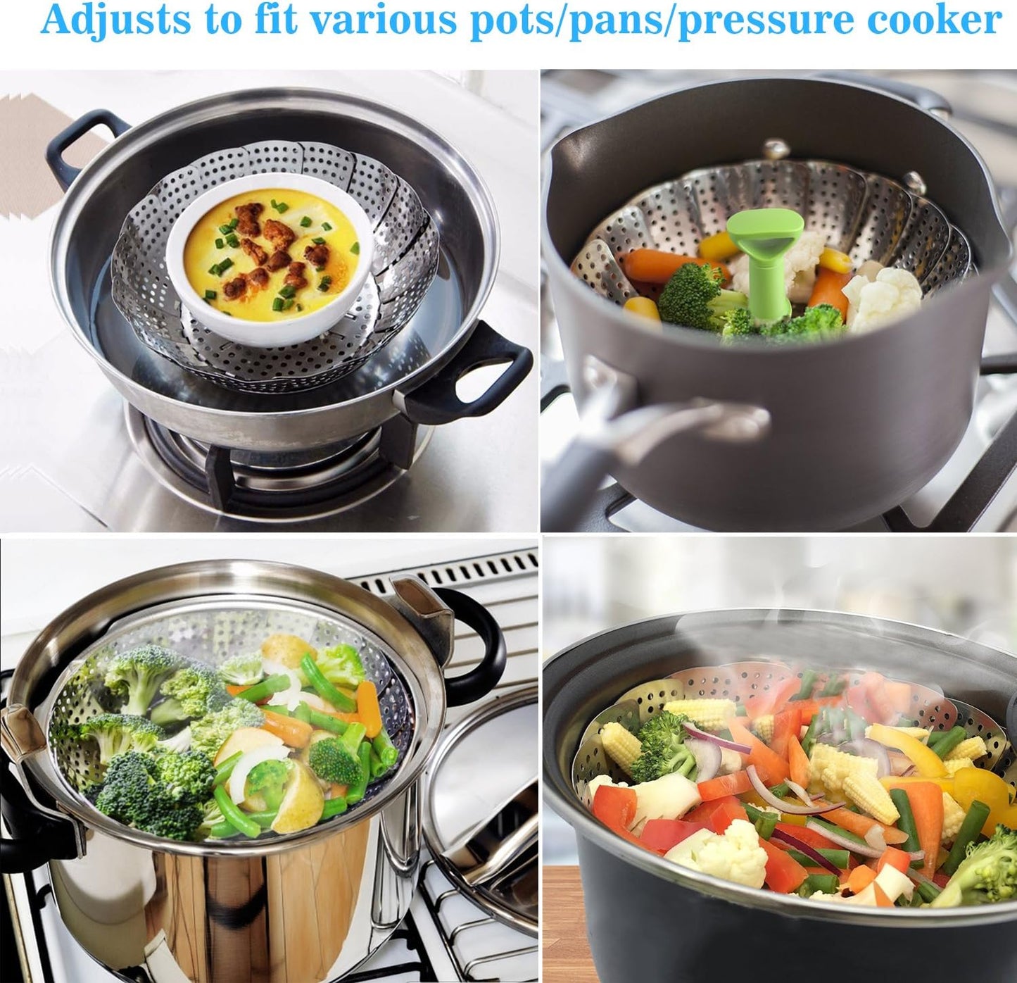 Consevisen Vegetable Steamer Basket for Cooking Food, Stainless Steel Veggie Steam Basket for Pot, Folding Expandable Steaming Insert with Extendable Handle Fits Various Size Pot, 7.1" to 11"