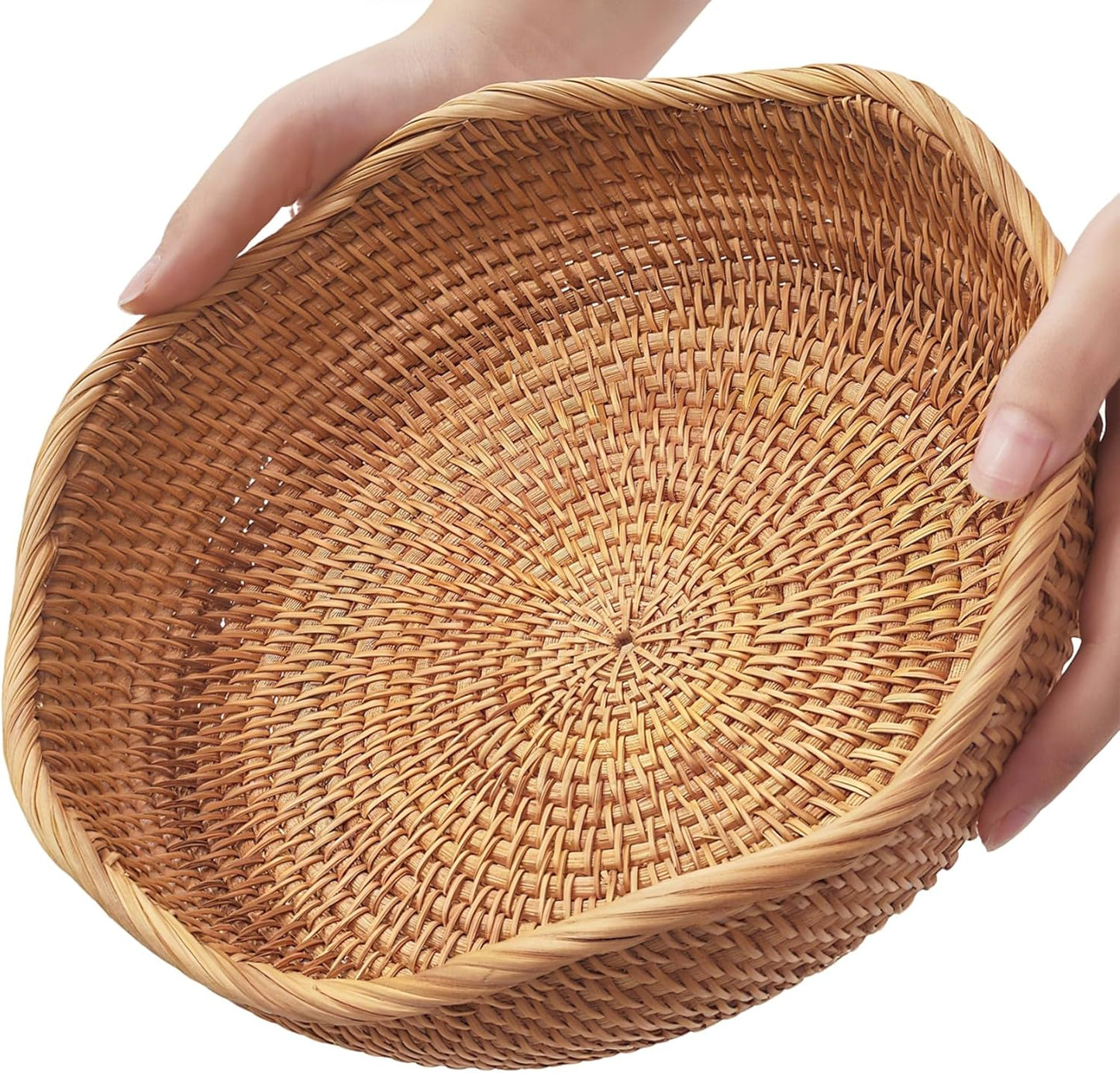 Rattan Bread Basket for Fruit, Natural Wicker Fruit Basket for Kitchen Counter, Hand Woven Wicker Food Baskets, Bread Baskets for Serving, gift basket for gifts, Vegetable, Snack, Etc.(Wave-Medium)