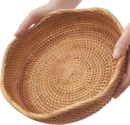 Rattan Bread Basket for Fruit, Natural Wicker Fruit Basket for Kitchen Counter, Hand Woven Wicker Food Baskets, Bread Baskets for Serving, gift basket for gifts, Vegetable, Snack, Etc.(Wave-Medium)