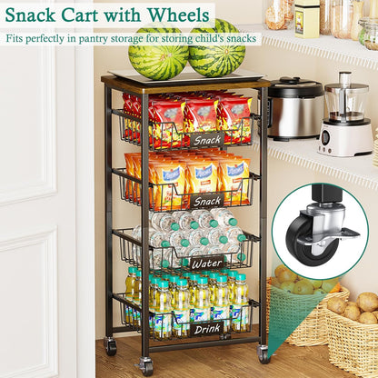 Kitchen Storage Cart with Wheels, 5-Tier Metal Utility Rolling Cart Fruit Vegetable Storage Basket Pantry Rack with Wood Top & Pull Out Baskets for Kitchen, Livingroom, Diningroom, Office