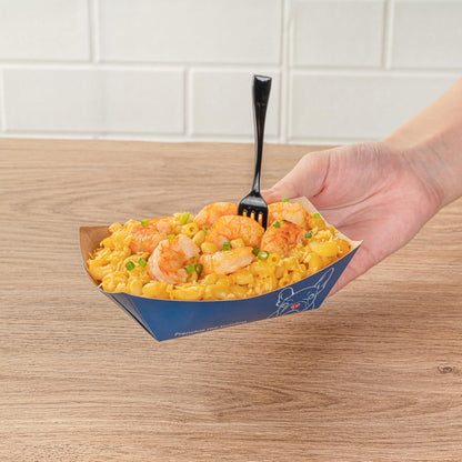 Restaurantware-Bio Tek 6 Ounce Boat Paper Boats, 50 Disposable #40 Food Trays - PE Lining, Durable, Black Paper Food Baskets, For Concession Stands, Picnics, or Fairs, Stackable