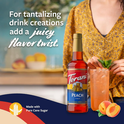 Torani Peach Syrup for Drinks, Flavoring for Iced Tea, Lemonade, and Sodas, Pump Included, 25.4 Oz