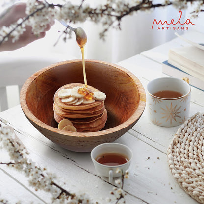 Mela Artisans Wooden Fruit Bowl | Medium Burnt Finish | 9” Mango Wood Serving Bowl with Felt Pads | Multipurpose for Kitchen Countertop |Salad | Snacks | Breads & More | Natural Grain Texture