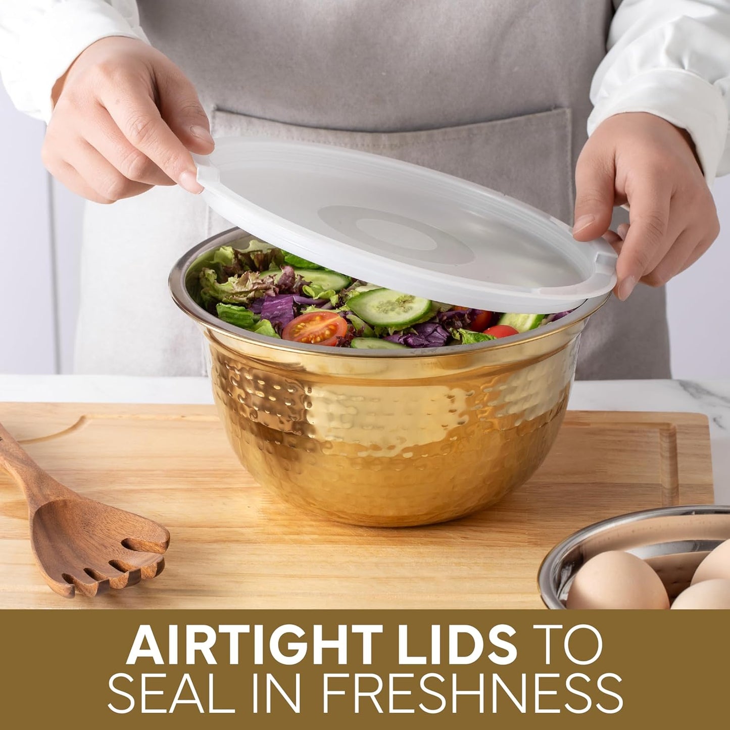 COOK WITH COLOR 18 Piece Mixing Bowls Set with Airtight Lids, Handcrafted Stainless Steel Bowls, Food Storage Containers, Meal Prep, Nesting Salad Bowls For Cooking, Baking, Kitchen, Gold- Hammered