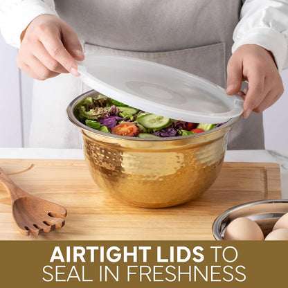 COOK WITH COLOR 18 Piece Mixing Bowls Set with Airtight Lids, Handcrafted Stainless Steel Bowls, Food Storage Containers, Meal Prep, Nesting Salad Bowls For Cooking, Baking, Kitchen, Gold- Hammered