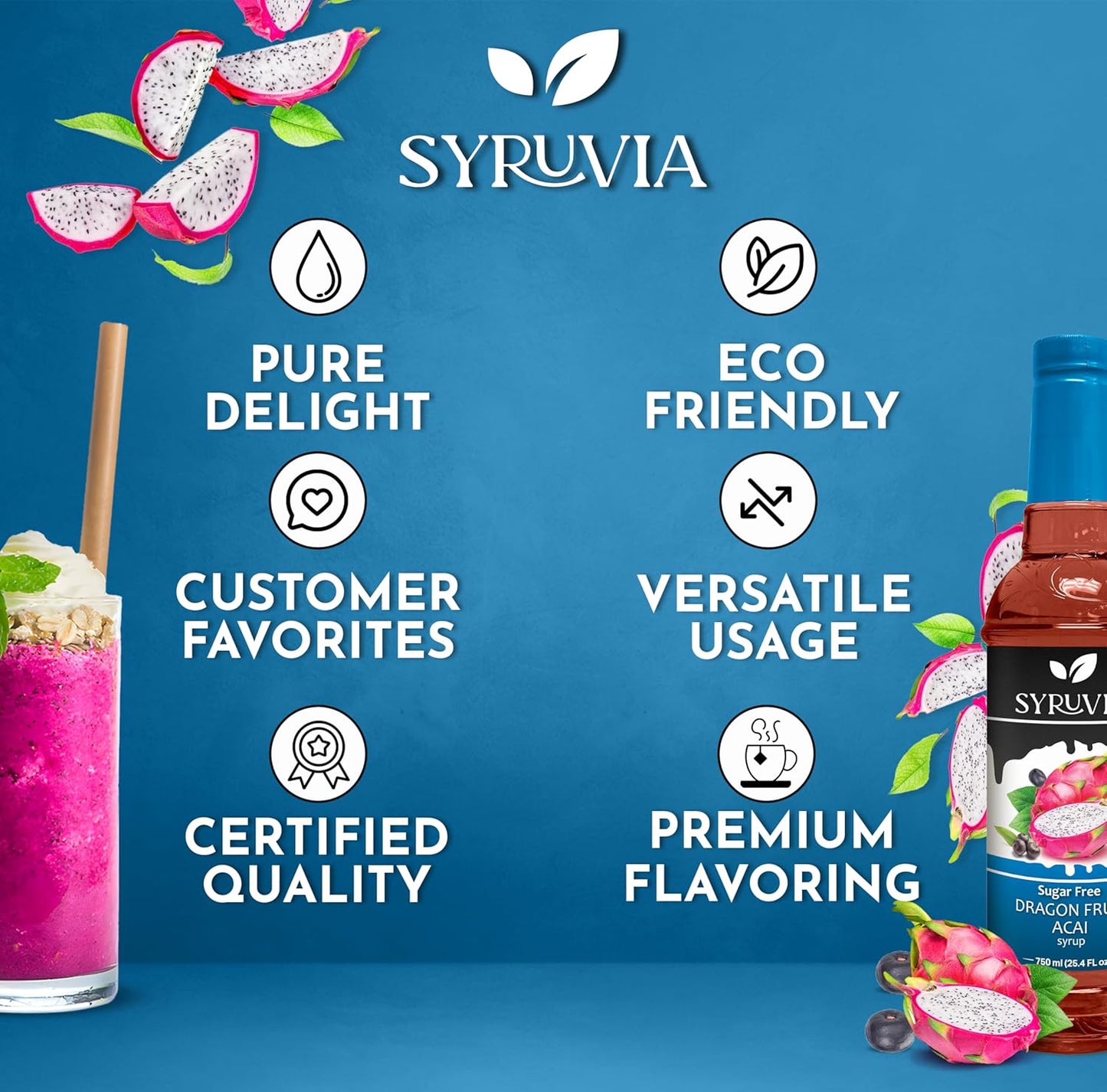 Syruvia Sugar-Free Dragon Fruit Acai Syrup, Flavored Syrup for Drinks, Cocktails, Lemonades, Iced Teas, and Desserts – 25.4 fl oz