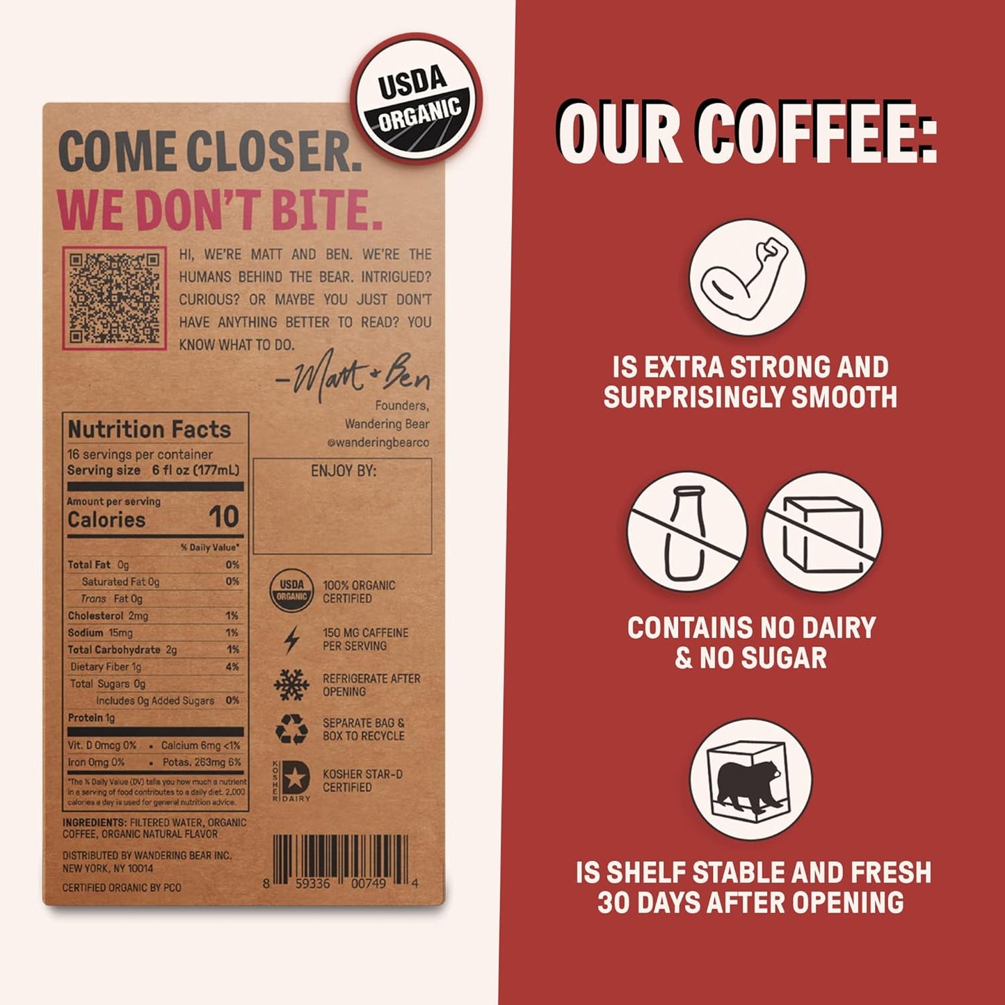 Wandering Bear Organic Mocha Cold Brew Coffee On Tap, Iced Coffee Drink - Extra Strong, Bold, Smooth, No Sugar Added, Shelf-Stable, Ready to Drink,Gluten Free & Vegan -16 Servings of 6fl.oz -96fl.oz