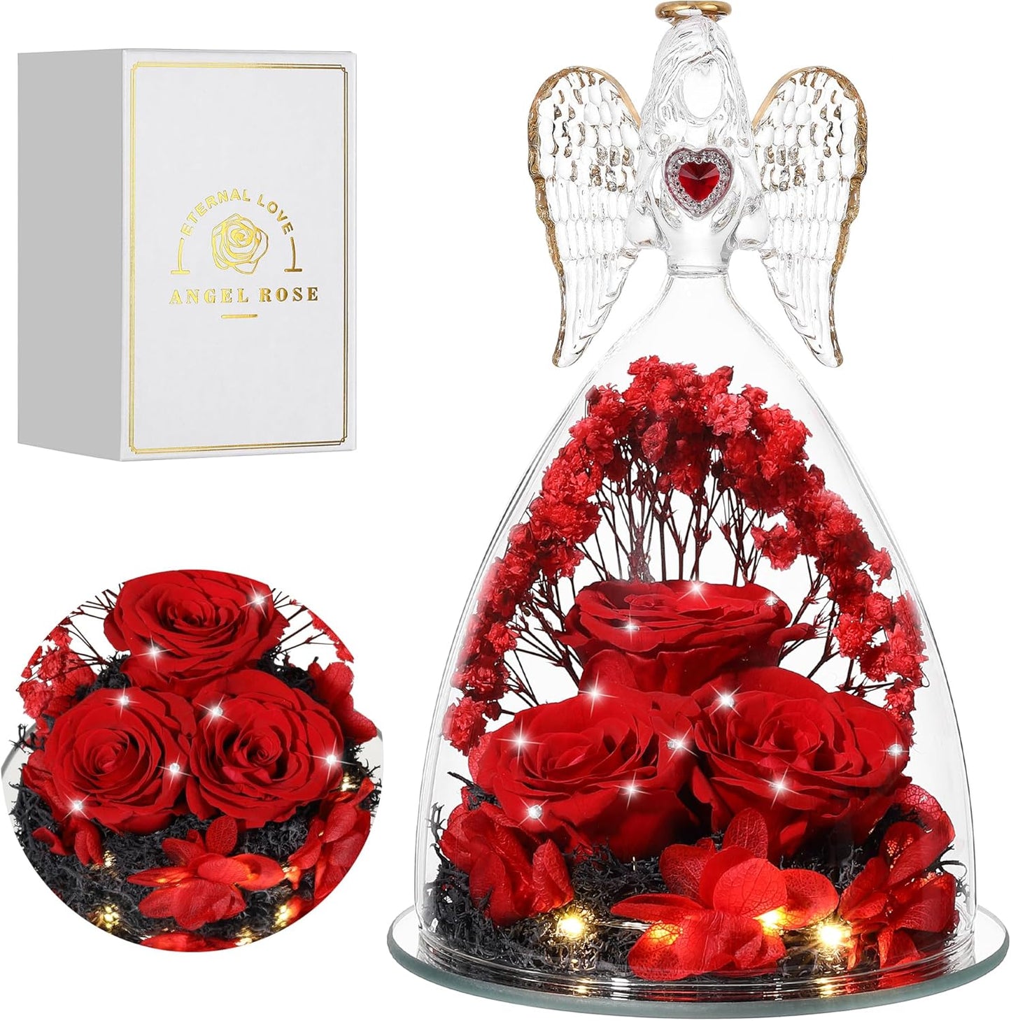 Mothers Day Rose Gifts for Women, Large Angel Figurines with Real Roses, Preserved Real Flower Rose for Her, Crystal Red