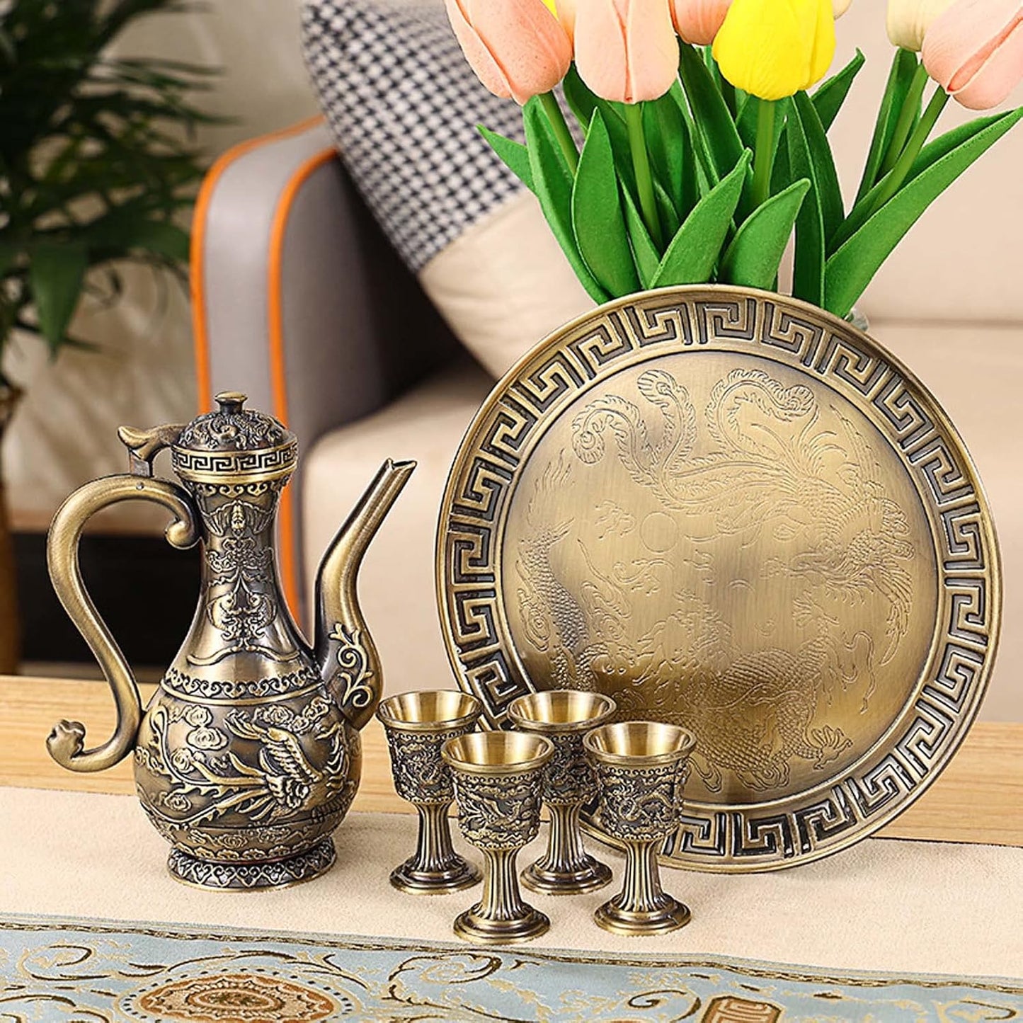 Vintage Turkish Coffee Pot and Cups Set,Teapot Tea Service Set Including 4 Metal Cups and Tea Tray for Tea Table Decor,Wedding Ornament (Bronze)