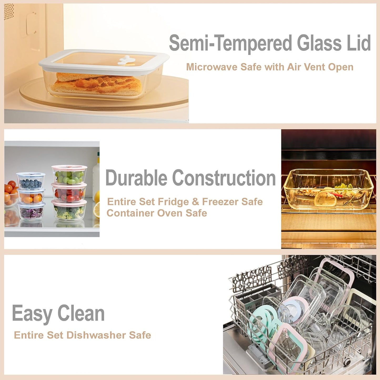 Urban Green Glass Food Container Set with Silicone Glass Lid, 3 Pack, Square Shape, Airtight, LeakProof, 100% Plastic Free, Meal Prep Food Storage Containers