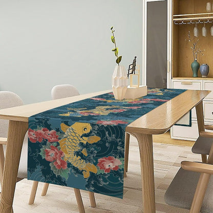 Asian Jio Fish Table Runner, Chinese Style Floral Oriental Table Runner for Holiday Party Kitchen Study Living Room Home Bedroom Blue Wave 13x90 Inch