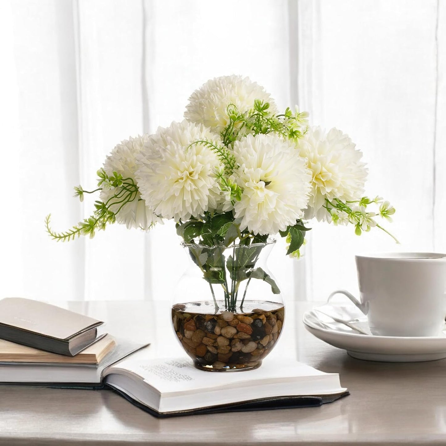 ENOVA FLORAL 7 Heads Silk Marigold Artificial Flowers in Vase,Faux Marigold Flowers Arrangement in Round Bowl Vase with Faux Water and River Rock for Table Decor Centerpieces (Marigold-Cream)