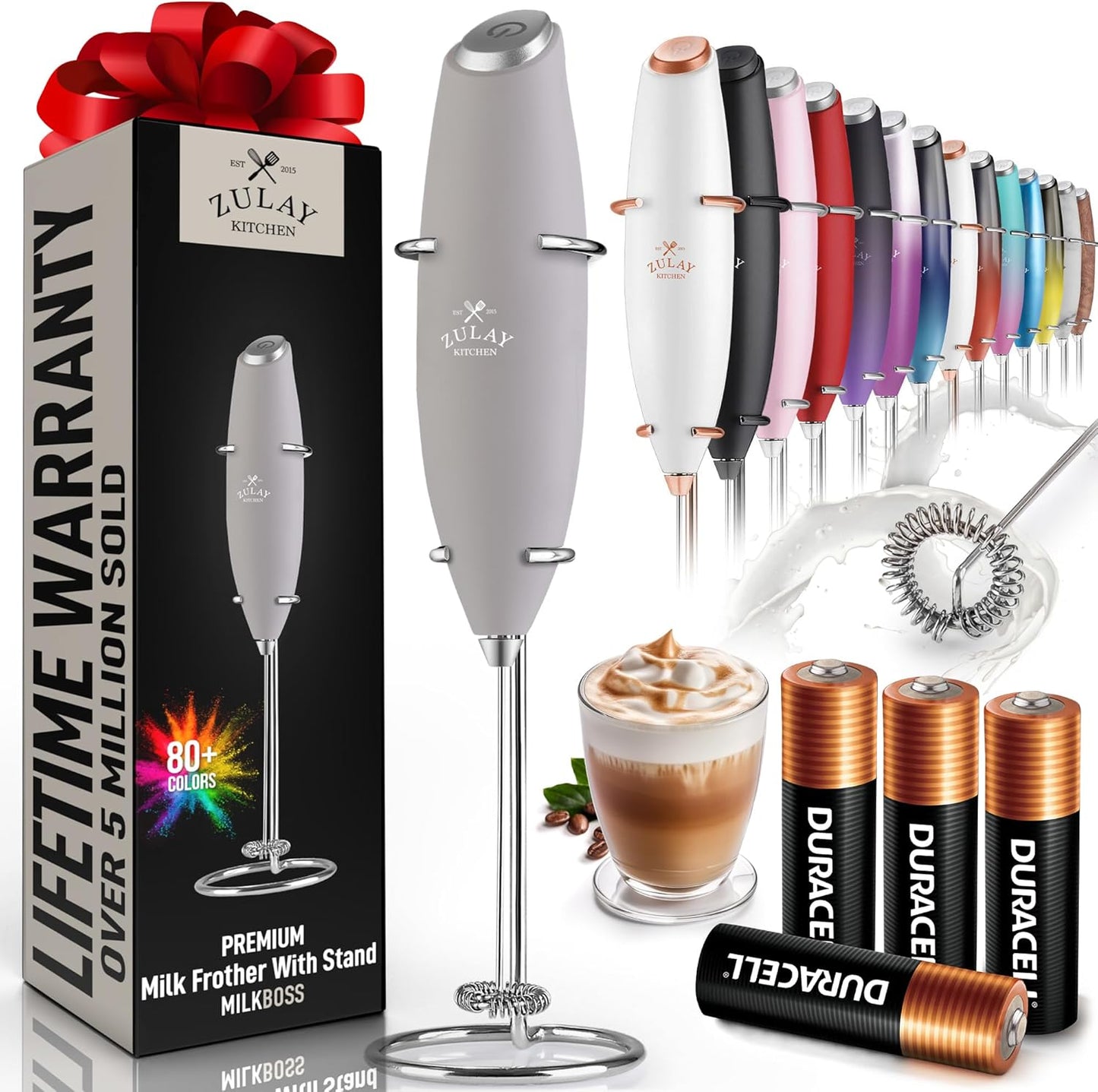 Zulay Kitchen Powerful Milk Frother Wand With 4 AA Duracell Batteries - Ultra Fast Handheld Drink Mixer - Electric Whisk Foam Maker for Coffee, Lattes, Cappuccino, Matcha & Creamer