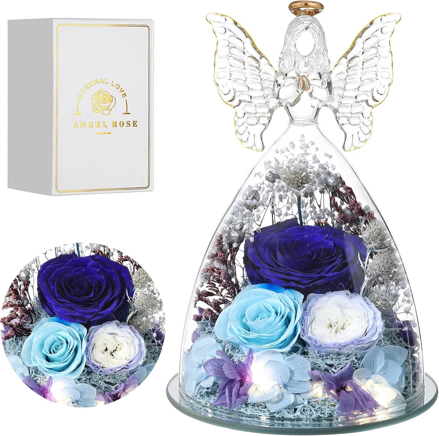 Christmas Rose Gifts for Women Preserved Real Flower in Glass Angel Figurines Roses for Delivery Prime Birthday Gifts for Mom Grandma Girlfriend Wife Her,Blue Austin Roses