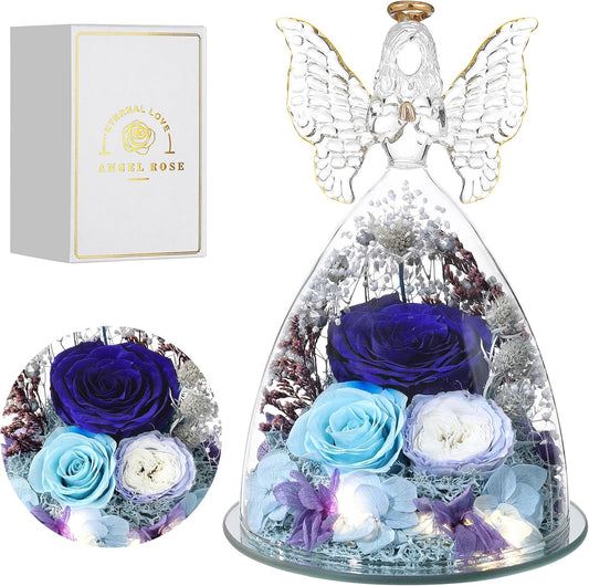 Christmas Rose Gifts for Women Preserved Real Flower in Glass Angel Figurines Roses for Delivery Prime Birthday Gifts for Mom Grandma Girlfriend Wife Her,Blue Austin Roses