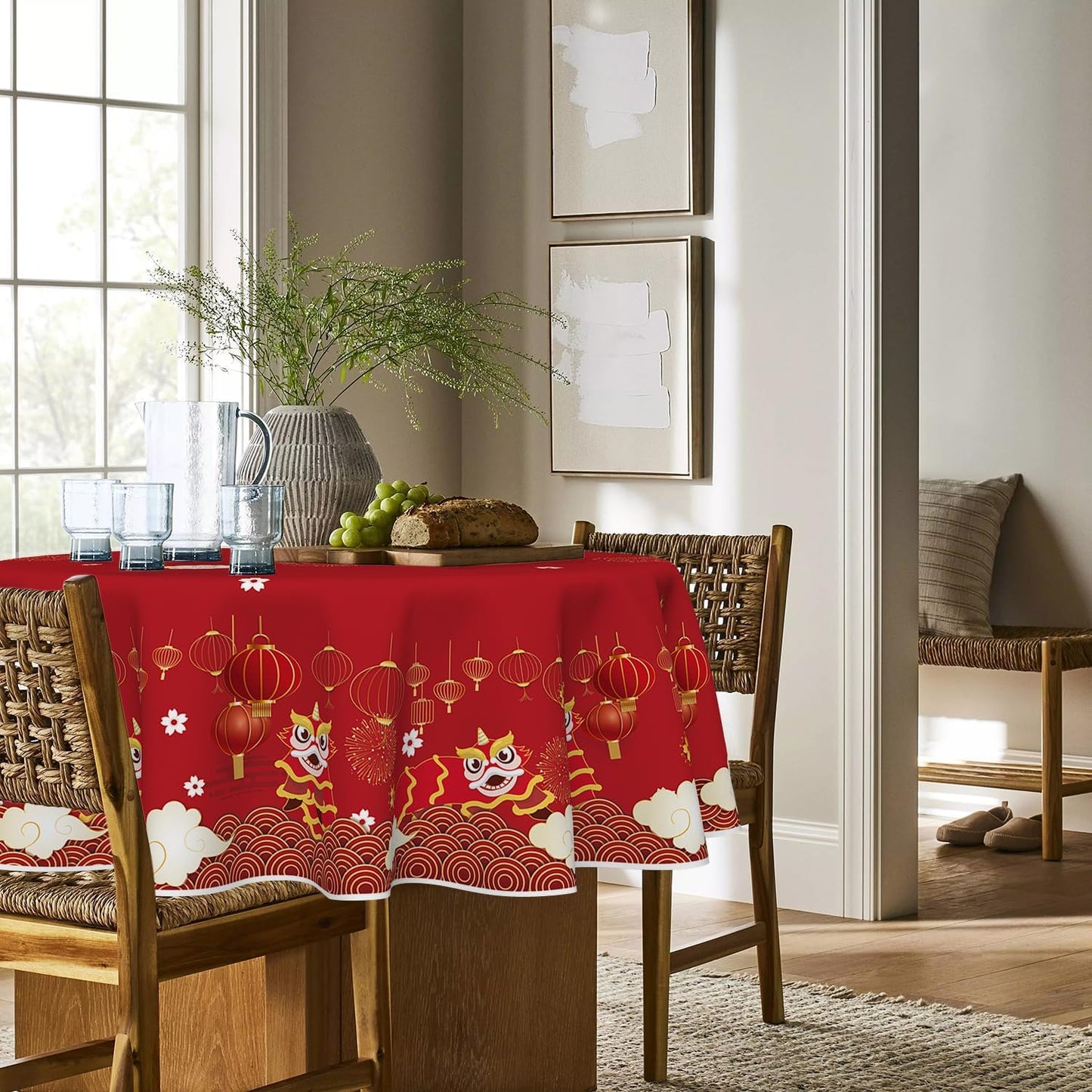 Horaldaily Newyear Tablecloth 60×60 Inch Round, Chinese Lunar New Year Lion Dance Lantern Red Washable Table Cover for Party Picnic Dinner Decor
